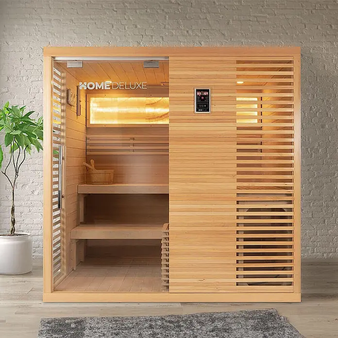 Home Deluxe Elementsauna NEOLA - Elektroofen, Steuerung Ofen: Integriert - Home Deluxe Indoor-Sauna aus hellem Holz mit Glastür, Bänken und digitalem Bedienfeld.