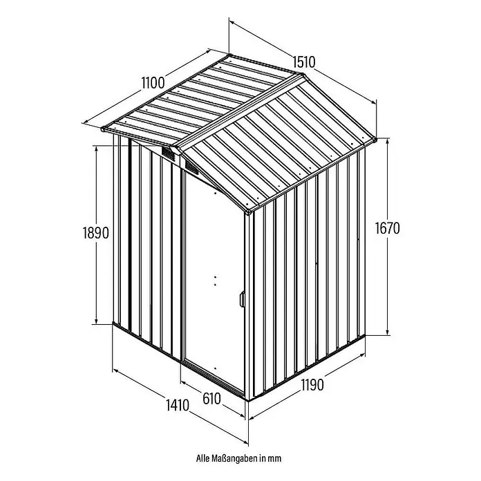 Home Deluxe Gerätehaus BOHIO S (B x L x H) 151 x 110 x 189 cm - Außenbreite inkl. Dachüberstand: 151 cm, Außentiefe inkl. Dachüberstand: 110 cm, Stahl, Anthrazit - Metall-Gartenhaus mit Satteldach, mit detaillierten Maßen für Höhe, Breite und Tiefe.