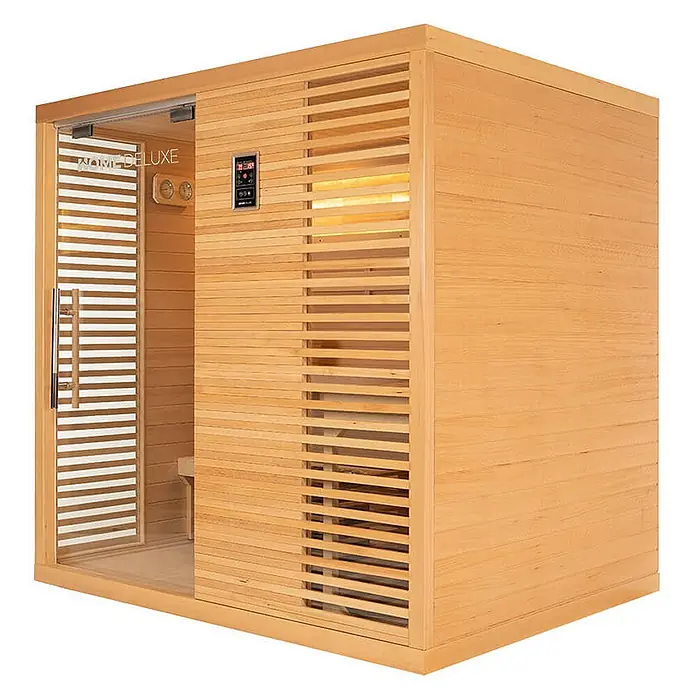 Home Deluxe Elementsauna NEOLA - Elektroofen, Steuerung Ofen: Integriert - Helle Holz-Infrarotsaunakabine mit Glastür, Lamellenwand und digitalem Bedienfeld.