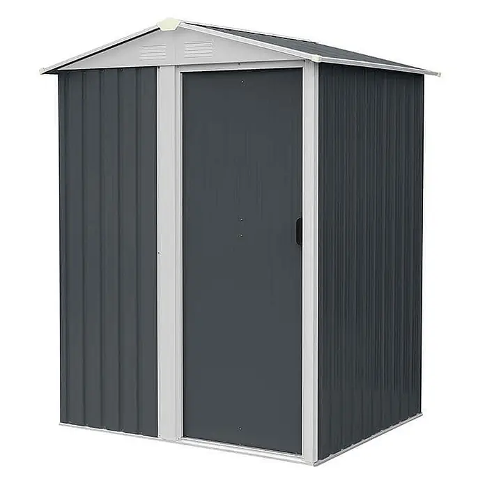 Home Deluxe Gerätehaus BOHIO S (B x L x H) 151 x 110 x 189 cm - Außenbreite inkl. Dachüberstand: 151 cm, Außentiefe inkl. Dachüberstand: 110 cm, Stahl, Anthrazit - Dunkelgraues Metallgerätehaus mit weißem Dach und Rahmen, inklusive einer Schiebetür.