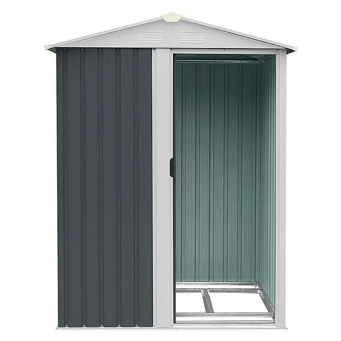 Home Deluxe Gerätehaus BOHIO S (B x L x H) 151 x 110 x 189 cm - Außenbreite inkl. Dachüberstand: 151 cm, Außentiefe inkl. Dachüberstand: 110 cm, Stahl, Anthrazit - Zweifarbiger Metall-Gartenschuppen mit Schiebetür, grünlichem Innenraum und Bodenrahmen.