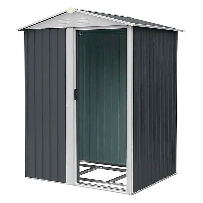 Home Deluxe Gerätehaus BOHIO S (B x L x H) 151 x 110 x 189 cm - Außenbreite inkl. Dachüberstand: 151 cm, Außentiefe inkl. Dachüberstand: 110 cm, Stahl, Anthrazit - Dunkelgrauer Metall-Gartenschuppen mit weißem Rahmen und offener Schiebetür, die einen dunkelgrünen Innenraum zeigt. Ideal zur Lagerung im Freien.