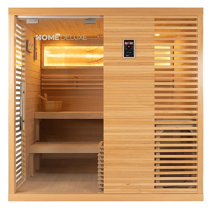 Home Deluxe Elementsauna NEOLA - Elektroofen, Steuerung Ofen: Integriert - Eine moderne Infrarotsauna aus hellem Holz mit Glastür, Innenbänken und beleuchtetem Salzpaneel.