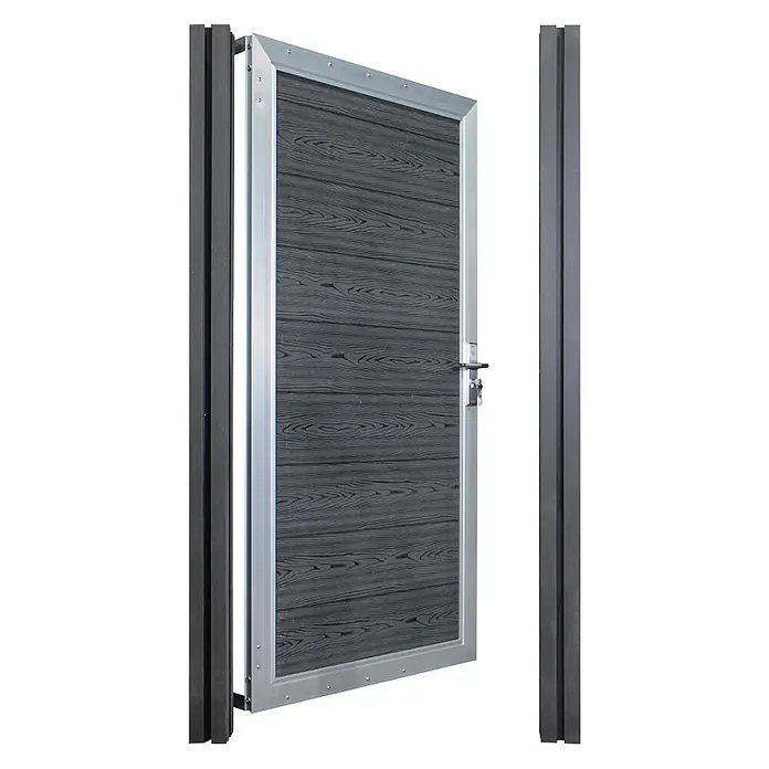Home Deluxe Gartentor CALLATOR - Anthrazit, Verbundwerkstoff - Dunkelgraues Gartentor in Holzoptik mit silbernem Rahmen und passenden Pfosten, inklusive Schloss und Schlüsseln.