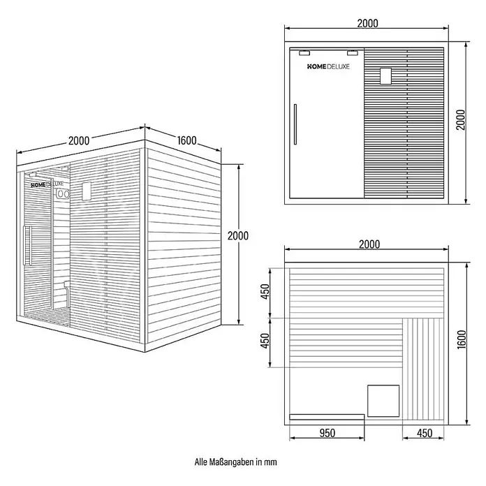 Home Deluxe Elementsauna NEOLA - Elektroofen, Steuerung Ofen: Integriert - Technische Zeichnung einer HOME DELUXE Saunakabine mit Außen- und Innenmaßen, inklusive Bänken. Alle Maße in Millimetern.