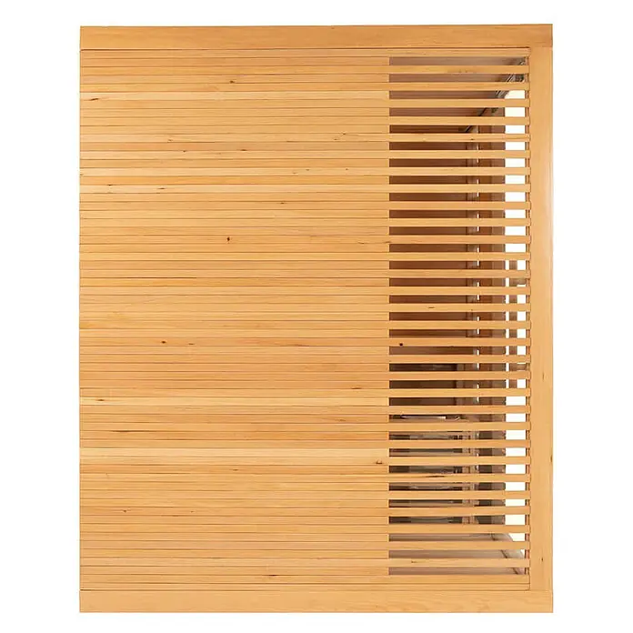 Home Deluxe Elementsauna NEOLA - Elektroofen, Steuerung Ofen: Integriert - Helles Holzschränkchen mit horizontalen Lamellen und einer verschiebbaren Jalousietür.