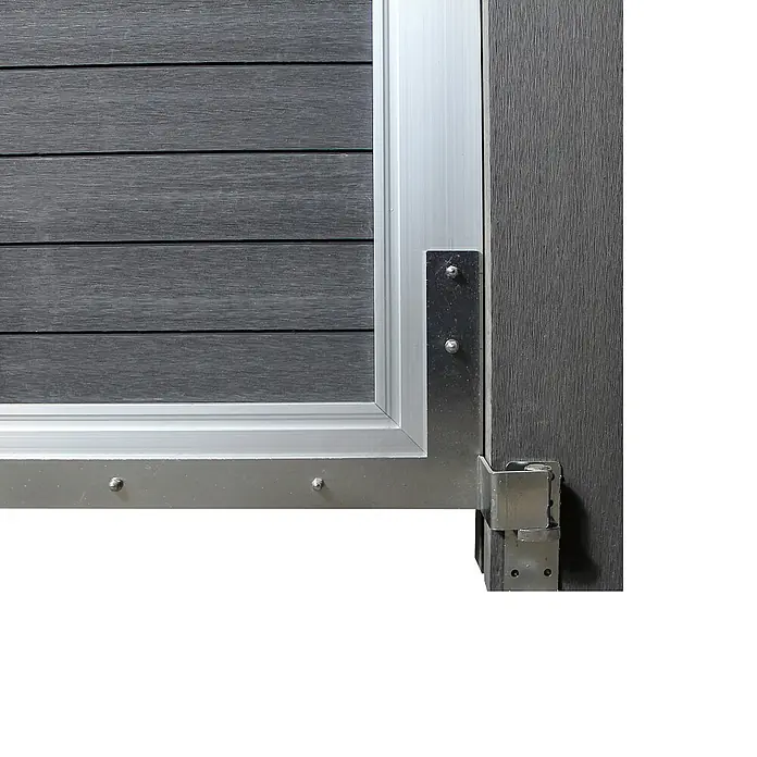 Home Deluxe Gartentor CALLATOR - Anthrazit, Verbundwerkstoff - Dunkelgraue Verbundzaunplatte mit silbernem Aluminiumrahmen und passender Scharnierbefestigung.