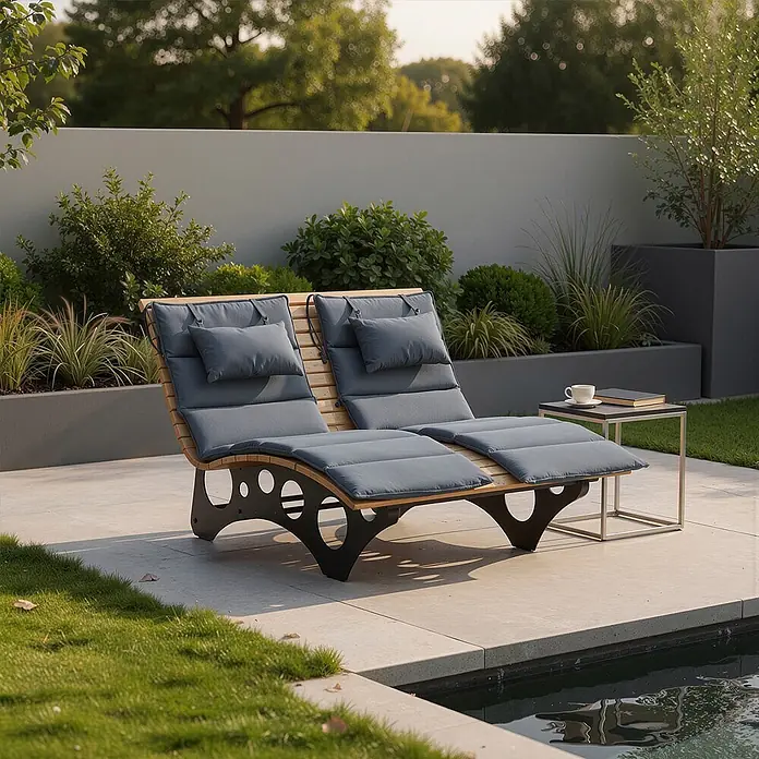 Home Deluxe Gartenliege TAIGA inkl. 2 Auflagen - Natur, Holz - Doppel-Holzliege mit grauen Kissen auf einer Terrasse am Pool, mit Beistelltisch.