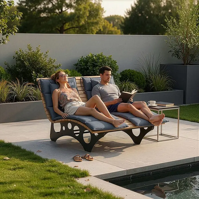 Home Deluxe Gartenliege TAIGA inkl. 2 Auflagen - Natur, Holz - Zwei Personen entspannen auf einer Doppel-Gartenliege aus Holz, dunklem Metall und blauen Kissen am Pool.