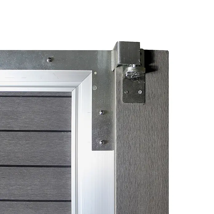 Home Deluxe Gartentor CALLATOR - Anthrazit, Verbundwerkstoff - Robustes Metallscharnier und Rahmenverstärkung an einer grauen Verbundtorplatte.