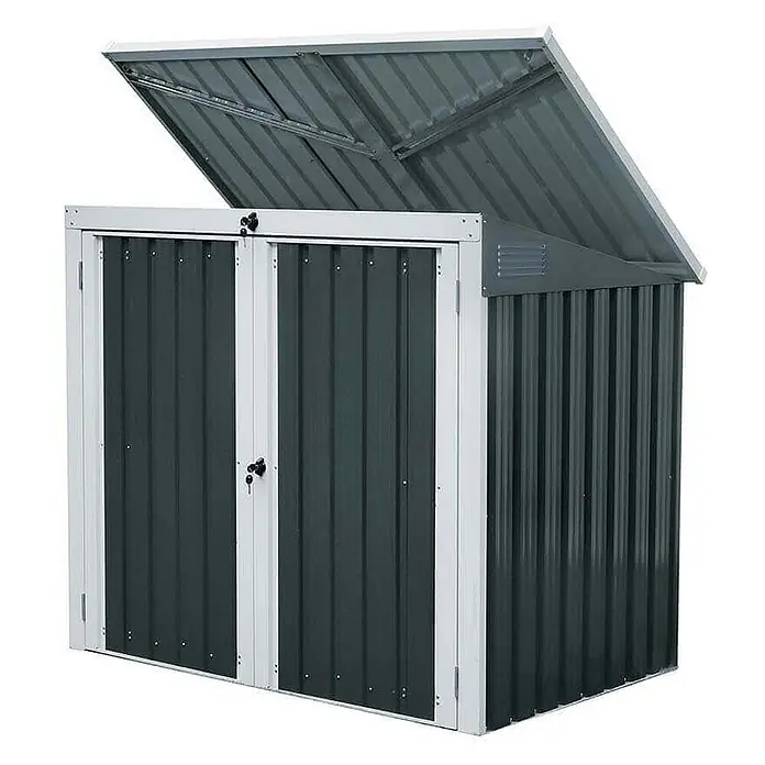 Home Deluxe Mülltonnenbox BASURA M - 2 x 240L - Stahl, Anthrazit, Geeignet für Anzahl Mülltonnen: 2 Stk. - Dunkelgrauer Gartenschuppen aus Wellblech mit hellgrauen Rahmen, zwei Türen und aufklappbarem Dach.