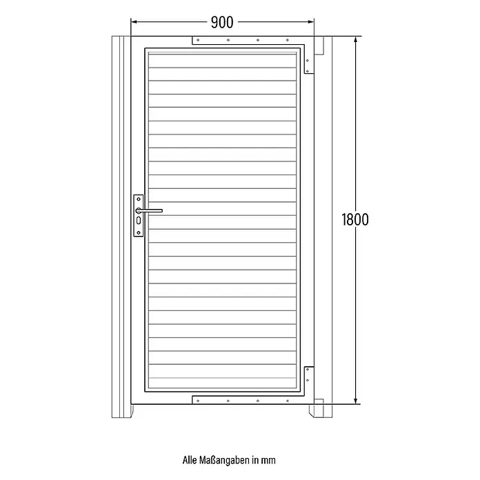 Home Deluxe Gartentor CALLATOR - Anthrazit, Verbundwerkstoff - Technische Zeichnung einer Lamellen-Gartentür mit Griff, 900mm breit und 1800mm hoch.