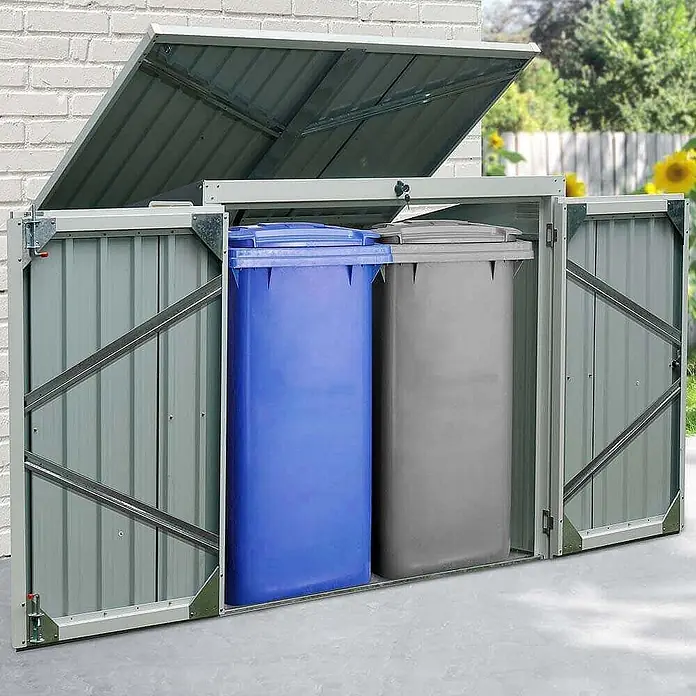Home Deluxe Mülltonnenbox BASURA M - 2 x 240L - Stahl, Anthrazit, Geeignet für Anzahl Mülltonnen: 2 Stk. - Grauer Mülltonnen-Schuppen aus Metall für zwei Mülltonnen (blau, grau) mit geöffnetem Deckel.