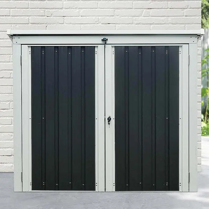 Home Deluxe Mülltonnenbox BASURA M - 2 x 240L - Stahl, Anthrazit, Geeignet für Anzahl Mülltonnen: 2 Stk. - Dunkelgrauer Metall-Geräteschrank mit zwei Flügeltüren, Schloss und hellgrauem Rahmen.