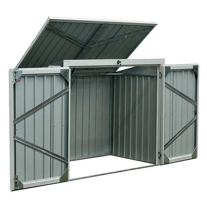 Home Deluxe Mülltonnenbox BASURA M - 2 x 240L - Stahl, Anthrazit, Geeignet für Anzahl Mülltonnen: 2 Stk. - Offene, hellgraue Metall-Lagerbox mit aufklappbarem Deckel und Fronttüren.