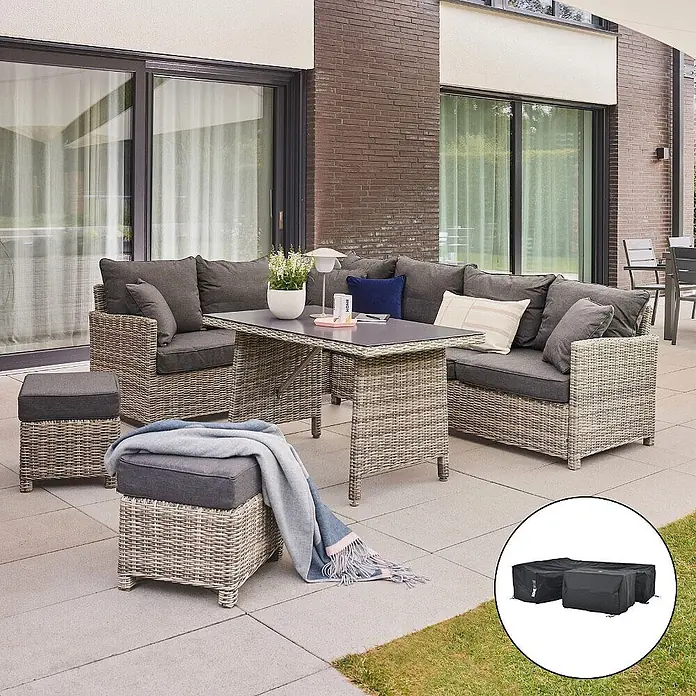 Home Deluxe Polyrattan Sitzgruppe BAHIA Mit Regenabdeckung -  - Outdoor-Lounge-Set aus hellgrauem Korbgeflecht mit Sofa, zwei Hockern und Tisch mit dunkelgrauen Kissen, inkl. schwarzen Schutzhüllen.