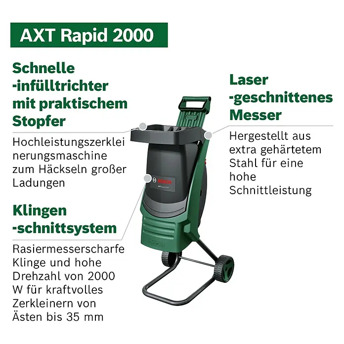 Bosch Elektro-Messerhäcksler Axt Rapid 2000 - Max. Aststärke: 3,5 cm, 2.000 W - Grüner und schwarzer Bosch AXT Rapid 2000 Gartenhäcksler mit Rädern und großem Trichter für Äste bis 35mm.
