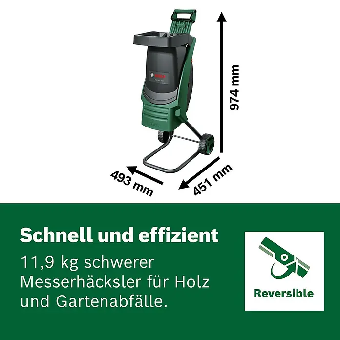 Bosch Elektro-Messerhäcksler Axt Rapid 2000 - Max. Aststärke: 3,5 cm, 2.000 W - Grüner und schwarzer Bosch Gartenhäcksler, 974x493x451mm, 11,9 kg, mit Wendemessern für Holz- und Gartenabfälle.