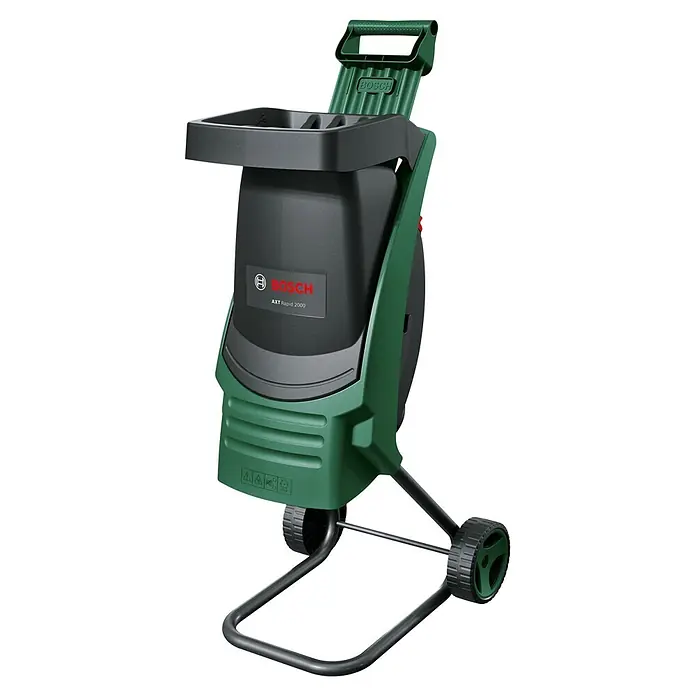 Bosch Elektro-Messerhäcksler Axt Rapid 2000 - Max. Aststärke: 3,5 cm, 2.000 W - Grün-dunkelgrauer Bosch AXT Rapid 2000 Gartenhäcksler mit Rädern und oberem Einfülltrichter.