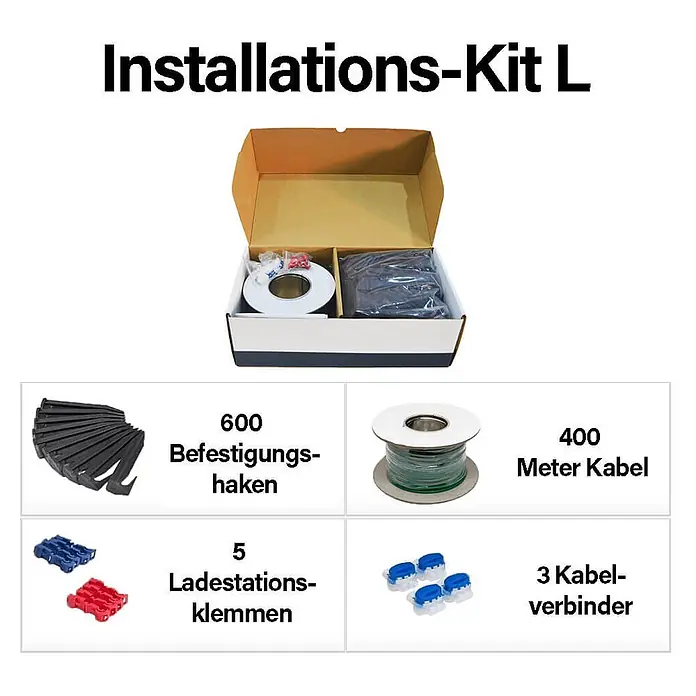 Home Deluxe Mähroboter-Set LADO L Größe: L - 2.500 m² - Installations-Kit L mit 600 schwarzen Befestigungshaken, 400m grünem Kabel, 5 rot/blauen Ladestationsklemmen und 3 blau/weißen Kabelverbindern in einer Box.