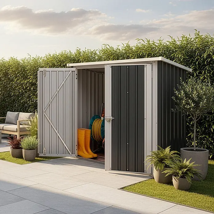 Home Deluxe Gerätehaus BOHIO XXS (L x B x H) 147 x 86 x 134 cm - Außenbreite inkl. Dachüberstand: 147 cm, Außentiefe inkl. Dachüberstand: 86 cm, Stahl, Anthrazit - Zweifarbiger Metall-Gartenschuppen mit offenen Türen, Schlauchaufroller und Stiefeln auf einer Terrasse.