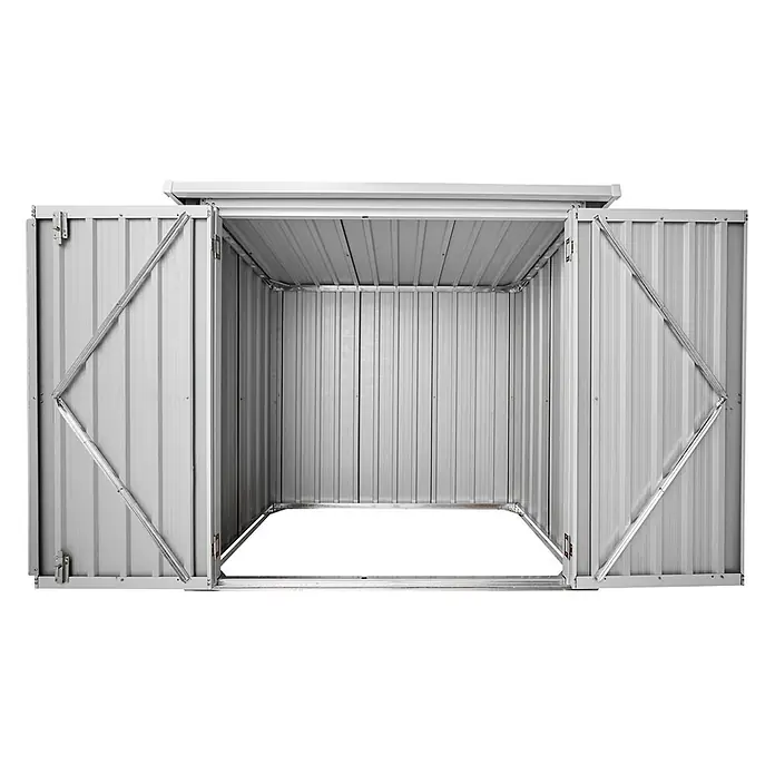 Home Deluxe Gerätehaus BOHIO XXS (L x B x H) 147 x 86 x 134 cm - Außenbreite inkl. Dachüberstand: 147 cm, Außentiefe inkl. Dachüberstand: 86 cm, Stahl, Anthrazit - Silbernes Wellblech-Geräteschuppen mit weit geöffneten Doppeltüren, das leere Innere zeigend.