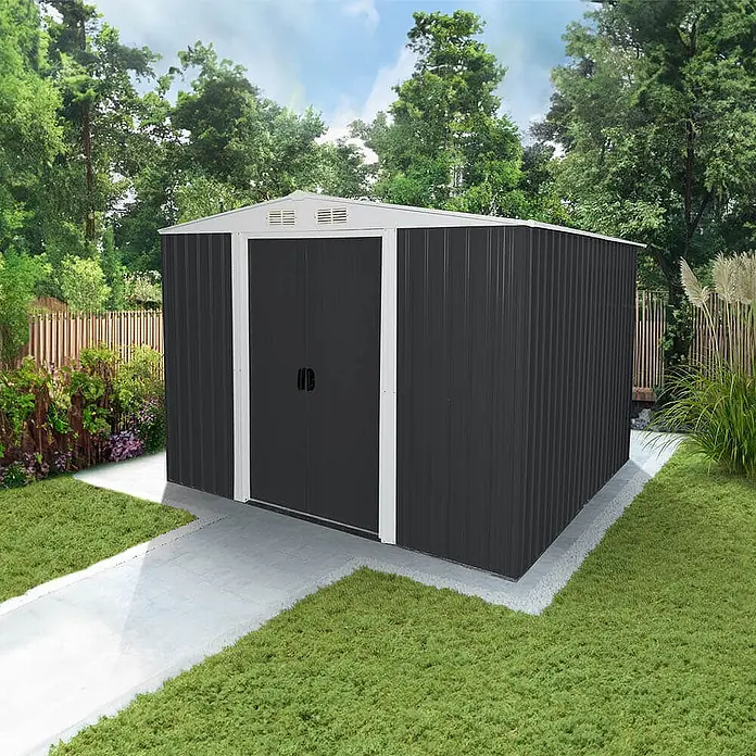 Home Deluxe Gerätehaus BOHIO XL (B x L x H) 258 x 206 x 177 cm - Außenbreite inkl. Dachüberstand: 258 cm, Außentiefe inkl. Dachüberstand: 206 cm, Stahl, Anthrazit - Dunkelgrauer Wellblech-Gartenschuppen mit hellgrauem Dach und Zierleisten, auf Betonfundament.