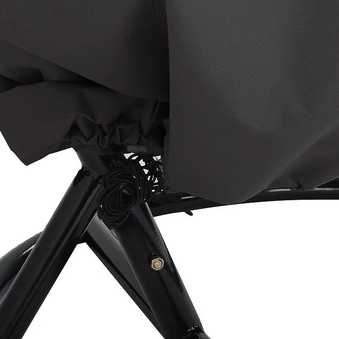 Home Deluxe Hängesessel Regenabdeckung CAPE CIELO - Kunststoff, Schwarz - Nahaufnahme eines dunkelgrauen Stoffes, der mit Gummibändern an einem schwarzen Metallrahmen befestigt ist.