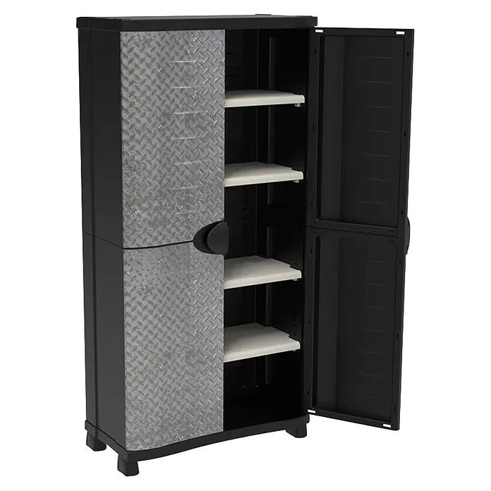 Plastiken Space Saver Armario multiusos de plástico - L x An x Al: 45 cm x 90 mm x 184 cm, Acero - Armario utilitario negro con puertas grises de chapa diamantada, una abierta revela estantes blancos.
