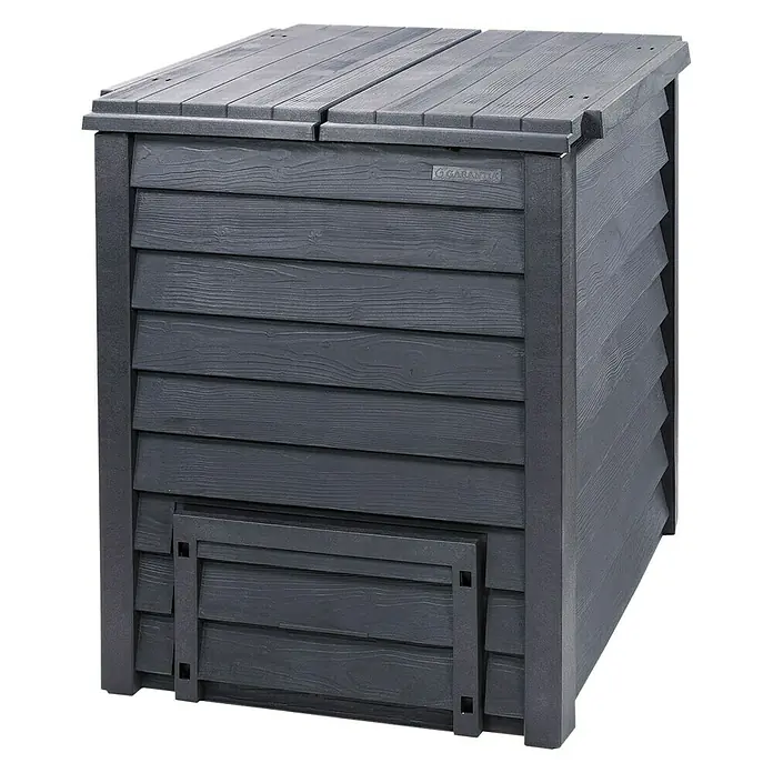 Garantia Komposter Thermo-Wood - 600 l, 80 x 80 x 100 cm, Ohne Bodengitter - Das Bild zeigt einen dunklen, hölzernen Kompostbehälter mit einer Klappe an der Vorderseite und einem Deckel auf der Oberseite.