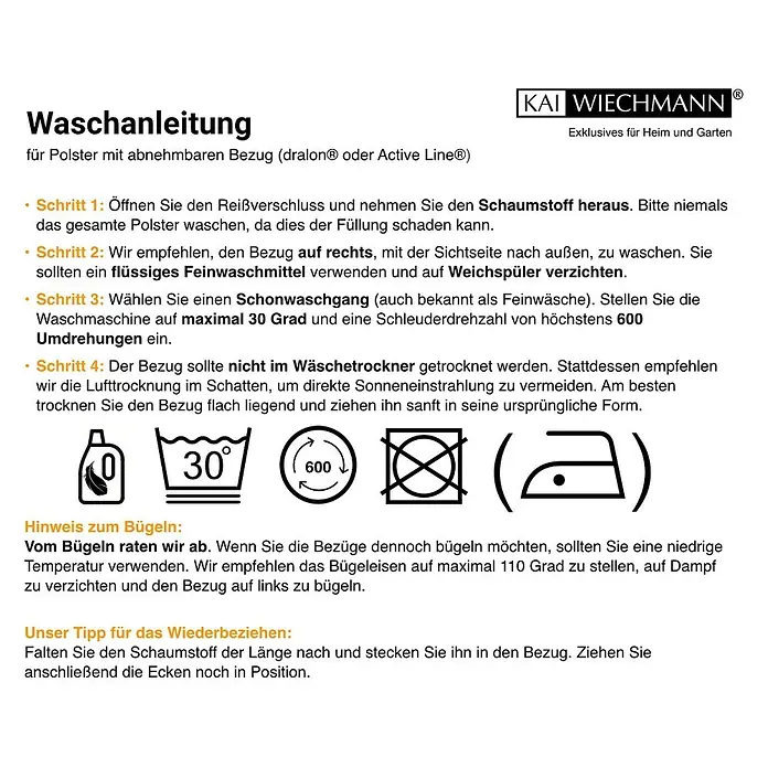 Kai Wiechmann Sitzauflage - Marineblau - Waschanleitung für Kissenbezug aus Dralon- oder Active Line-Gewebe, mit Pflegesymbolen für 30°C Wäsche und ohne Trockner.