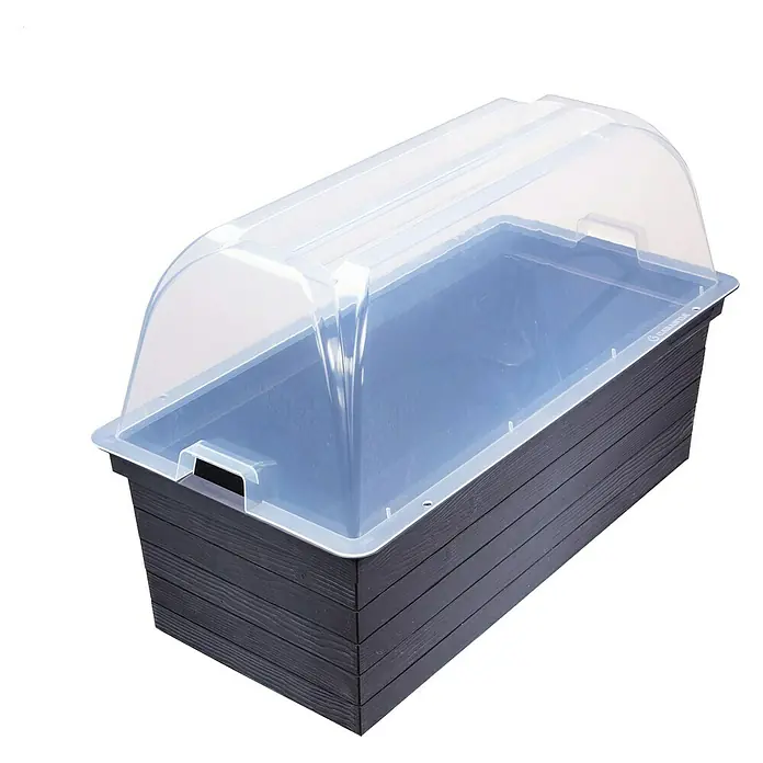 Garantia Urban Anzuchthaube - 75 x 37 x 22 cm - Ein rechteckiger Pflanzkasten mit dunklem Holzimitat und durchsichtigem Deckel. Ideal für die Anzucht von Pflanzen.
