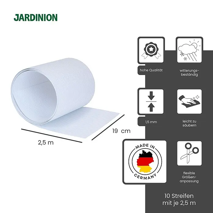 Jardinion Sichtschutzelement 10x Sichtschutzstreifen 2,52m PVC 6mm Rillen Weiß - Kunststoff, Weiß - Weißes, gerolltes Gartenbeet-Einfassung, 19 cm hoch, 1,5 mm dick, 10 Streifen je 2,5 m lang. Witterungsbeständig, leicht zu reinigen, Made in Germany.