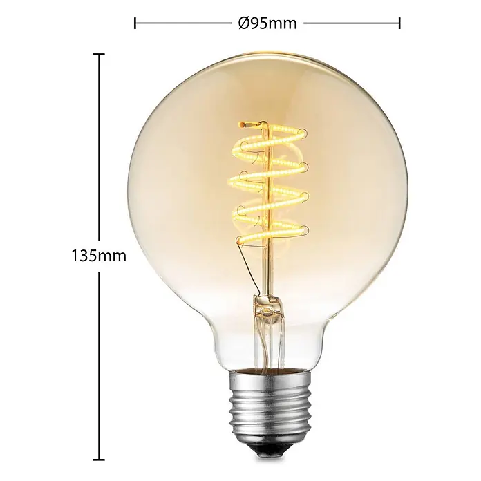 Lucande LED-Lampe E27 G95 LED 4W - E27, Nicht Dimmbar, Warmweiß, 280 lm, 4 W - Bernstein-LED-Glühbirne mit Spiralfaden, 135mm hoch, 95mm Durchmesser, und silbernem E27-Schraubsockel.