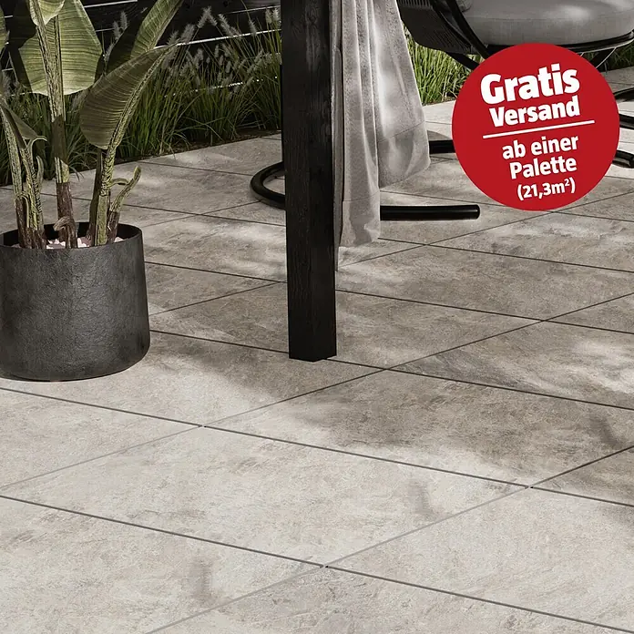 Terrassenfliese Homecraft - 59,7 x 119,7 x 2 cm, Grey, Matt - Texturierte hellgraue Terrassenplatten, ideal für einen stilvollen und robusten Außenboden.