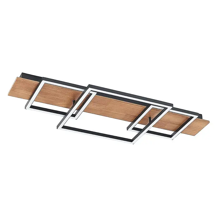 Lucande Deckenleuchte Chariska - Holz dunkel - Moderne, längliche Deckenleuchte mit schwarzem Metallrahmen, weißen LED-Streifen und Holzdetails.