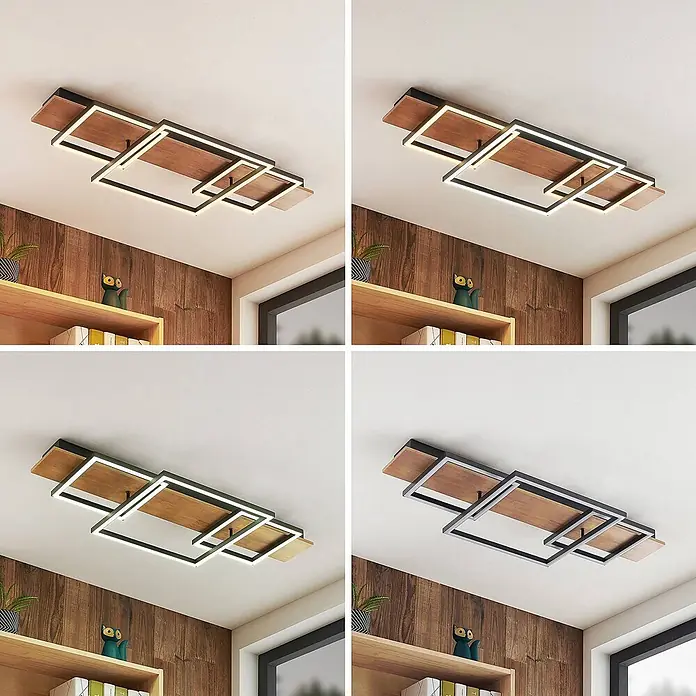 Lucande Deckenleuchte Chariska - Holz dunkel - Moderne LED-Deckenleuchte mit Holzpaneelen und sich kreuzenden schwarzen Metallrahmen, für helle Beleuchtung.