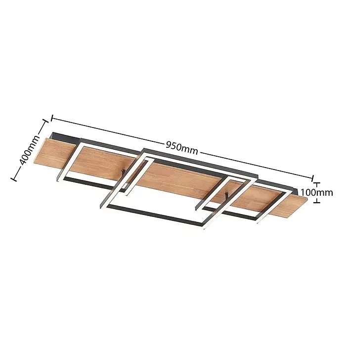 Lucande Deckenleuchte Chariska - Holz dunkel - Rechteckige Deckenleuchte mit schwarzem Sockel, Holzapplikationen und drei quadratischen LED-Rahmen. Maße: 950x400x100mm.