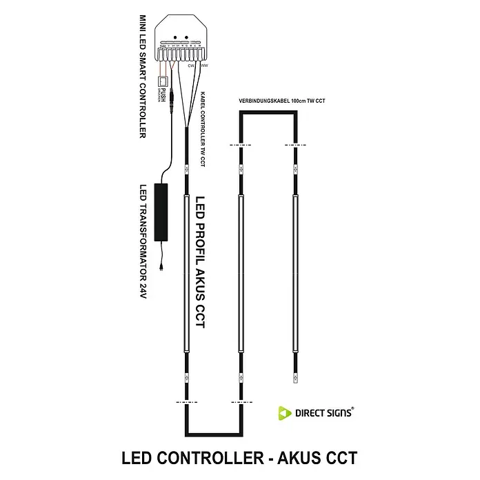 Direct Signs Controller Akus Mini Wifi 5-in-1 Smart - Schwarz - Schaltplan für ein Tunable-White-LED-System mit Controller, Transformator und LED-Profilen.