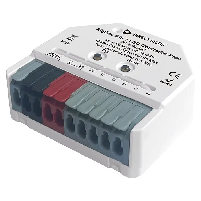 Direct Signs Controller Akus Mini Zigbee 5-in-1 Smart - Schwarz - Weißer ZigBee 5-in-1 LED-Controller für RGBW+CCT-Streifen, mit Push-Klemmen und Reset-Taste.