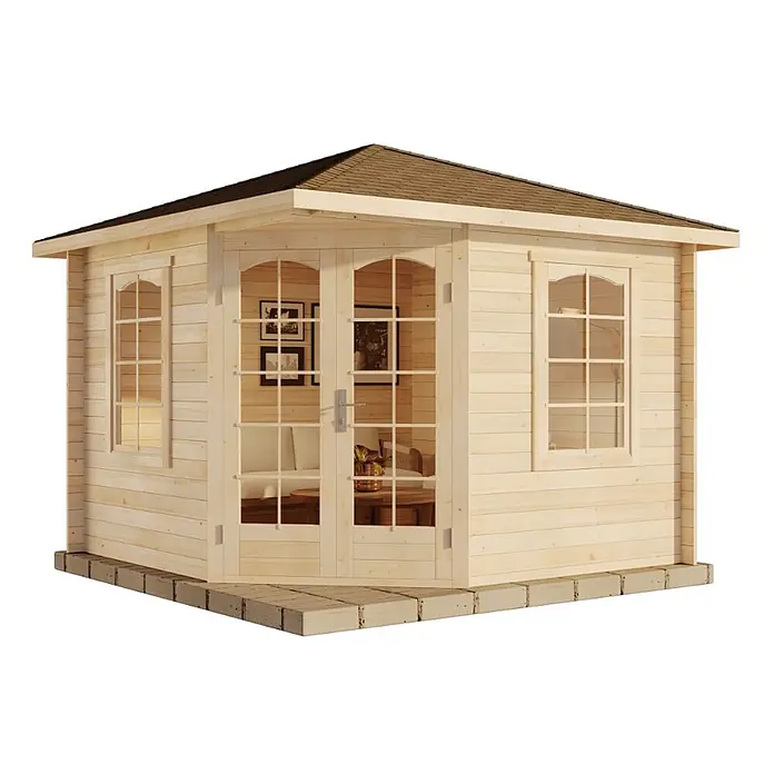 Alpholz Gartenhaus Viking - Außenmaß inkl. Dachüberstand (B x T): 326 x 326 cm, Holz, Naturbelassen - Helles Gartenhaus aus Holz mit Glastüren und Fenstern, dunklem Dach und Steinbasis.