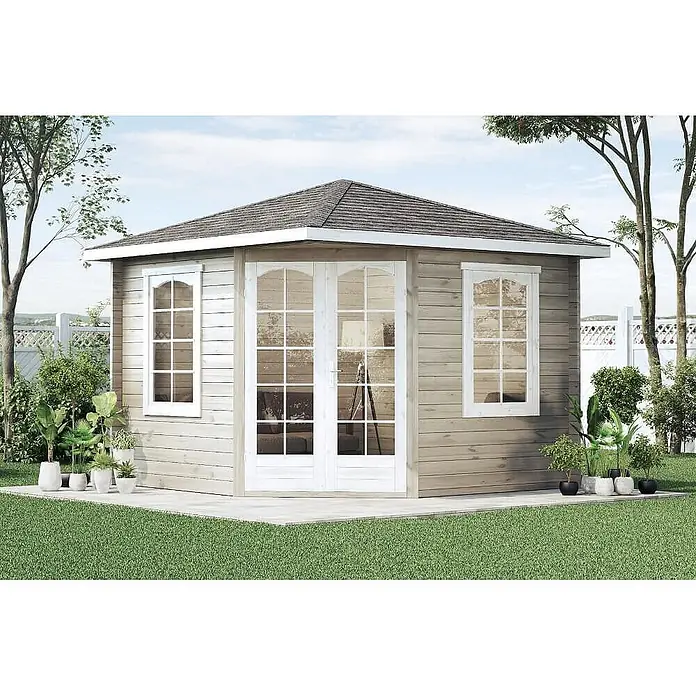 Alpholz Gartenhaus Viking - Außenmaß inkl. Dachüberstand (B x T): 326 x 326 cm, Holz, Naturbelassen - Heller Holzgartenpavillon mit grauem Schindeldach, Glastüren und Fenstern auf einer Terrasse.