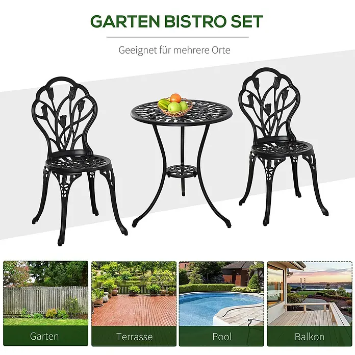 Outsunny Gartenstuhl-Set 3-teilig, mit Tisch -  - Schwarzes Metall-Gartenbistroset mit rundem Tisch und zwei Stühlen, verziert mit floralen Mustern.