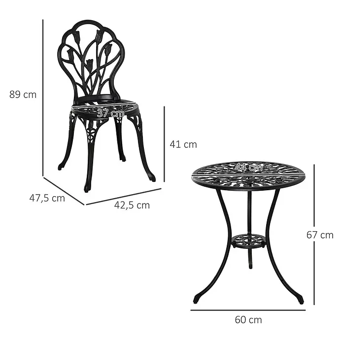 Outsunny Gartenstuhl-Set 3-teilig, mit Tisch -  - Schwarzes Bistro-Set aus Gusseisen mit verziertem Stuhl (H 89 cm) und rundem Tisch (H 67 cm, Ø 60 cm).