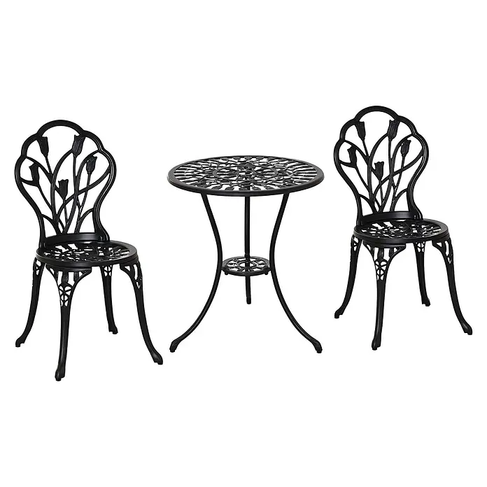 Outsunny Gartenstuhl-Set 3-teilig, mit Tisch -  - Schwarzes Metall-Bistrosset mit zwei Stühlen und einem Tisch, mit filigranem floralem Tulpenmuster.