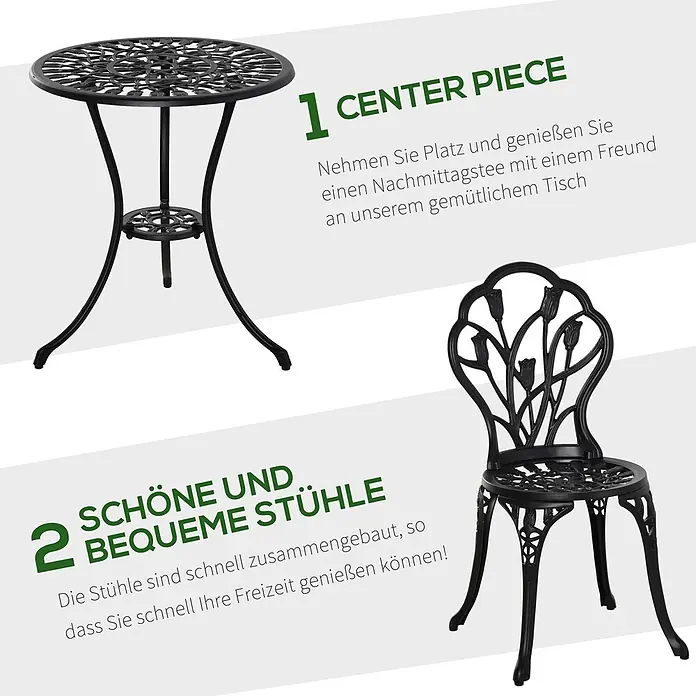 Outsunny Gartenstuhl-Set 3-teilig, mit Tisch -  - Schwarzer Gusseisen-Bistrotisch und passender Stuhl mit aufwendigen Blumenmustern für den Außenbereich.