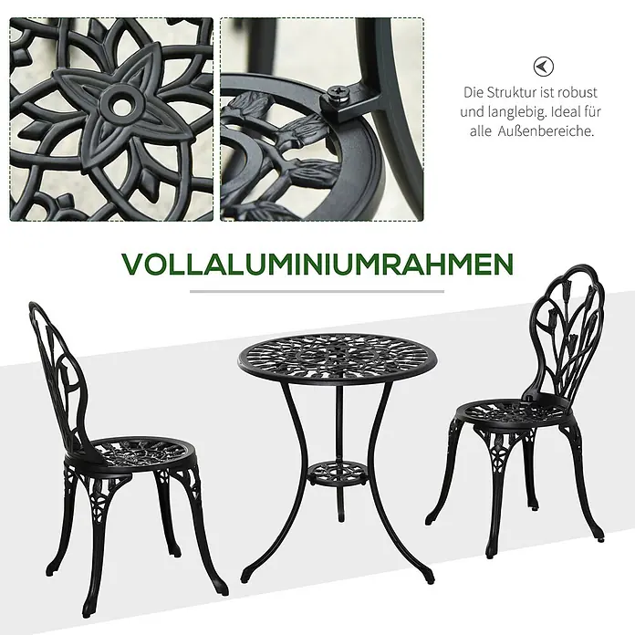 Outsunny Gartenstuhl-Set 3-teilig, mit Tisch -  - Schwarzes Bistro-Set aus Aluminiumguss: ein Tisch und zwei Stühle mit filigranen Blumenmustern, ideal für den Außenbereich.