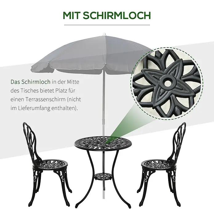 Outsunny Gartenstuhl-Set 3-teilig, mit Tisch -  - Schwarzes Metall-Bistro-Set (Tisch, 2 Stühle) mit Schirmloch. Sonnenschirm nicht enthalten.