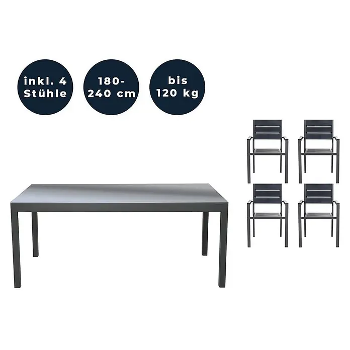 Home Deluxe Gartentisch-Set SOL MADERA - Tisch inkl. 4 Stühlen - Gesamtumfang: 5 -tlg., Ausziehbar - Dunkelgraue Garten-Essgruppe mit ausziehbarem Tisch (180-240 cm) und 4 Stühlen (bis 120 kg).