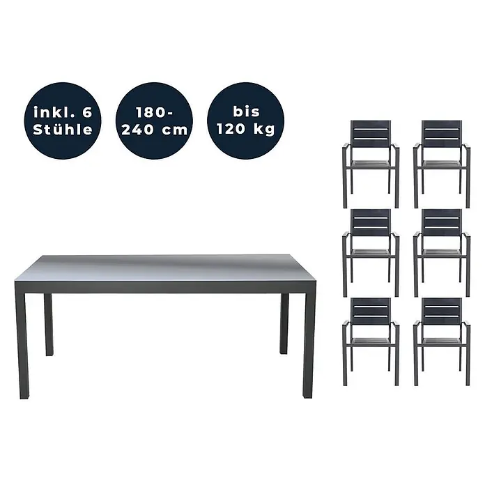 Home Deluxe Gartentisch-Set SOL MADERA - Tisch inkl. 6 Stühlen - Gesamtumfang: 7 -tlg., Ausziehbar - Dunkelgraues Essset mit ausziehbarem Tisch (180-240 cm) und 6 Stühlen, je bis 120 kg belastbar.